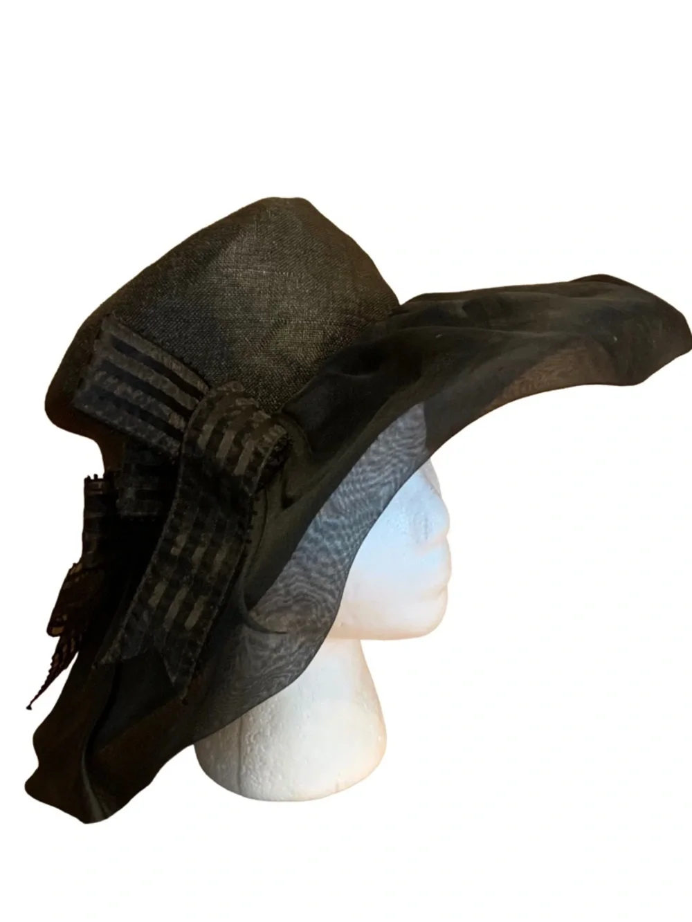 VINTAGE ADOLFO II BLACK WIDE BRIM LINEN HAT WITH STRIPED BOW - Picture 2 of 12